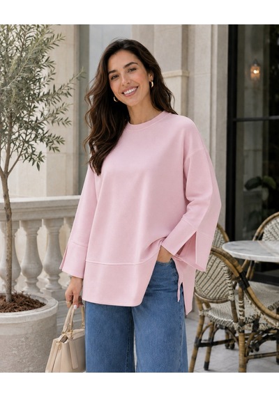 Unika Boutique Kadın Oversize Yırtmaçlı Uzun Kollu Salaş Bluz Pembe