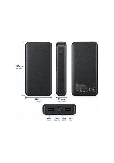 20000 Mah Çift Usb Çıkışlı Type-c Ve Micro Usb Girişli Led Göstergeli Taşınabilir Powerbank- Re-t73 Diğer