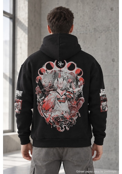 Polo State Erkek Kitsune Anime Baskılı Oversize 3 İplik Şardonlu Kapüşonlu Sweatshirt Siyah