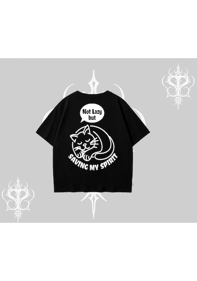 Tarzsokak Not Lazy Saving My Spirit Kedi Baskılı Oversize Tshirt Siyah