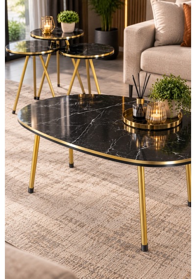 Sulorahome Siyah Ve Gold Metal Ayaklı 4'lü Sehpa Seti Siyah - Altın
