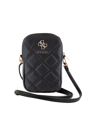 Guess Lisanslı Çapraz Askılı Vücut Çantası 4g Metal Logolu Kapitone Desenli Fermuarlı Pu Deri Siyah