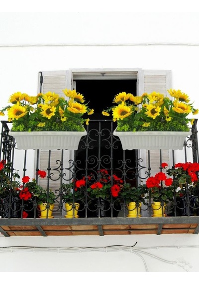 Yapay Çiçek Ay Çiçeği Krem Küpeşte Askılı Saksıda Balkon Çiçeği