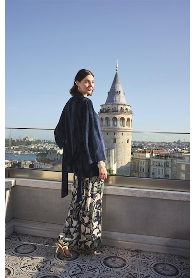 Monamise Kadın Yaprak Desenli Ve Dantelli 3'lü Pijama Takımı 24143 Lacivert