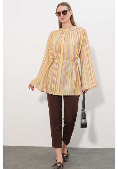 Bigdart Kadın Çizgili Bağcıklı Oversize Tunik 50009 - Sarı