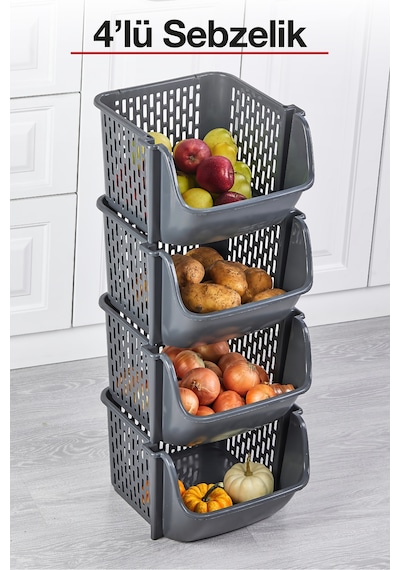 4 Katlı Tekerleksiz Plastik Sebzelik Patates Soğanlık Saklama Ünitesi Mutfak Organizeri Gri