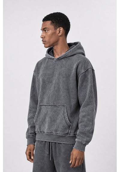 Respire Erkek Pis Dikiş Detaylı Yıkamalı Basic Oversize Hoodie Gri