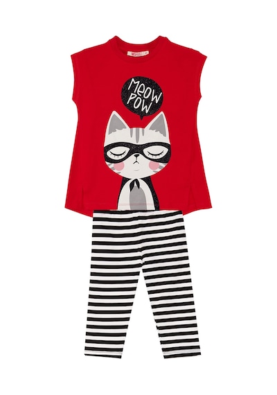 Kırmızı Meow Pow Çizgili Kız Çocuk Yazlık T-shirt Tayt Takım