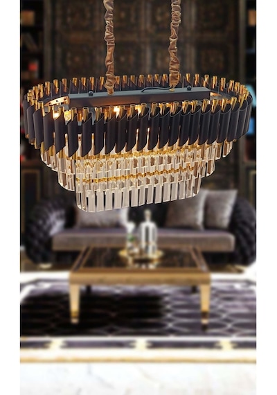 Zamira 75x35 Cm Kristal Taşlı 3 Katlı Yemek Masası Üstü Lüks Avize - Yatak Odası - Salon - Mutfak - Hol