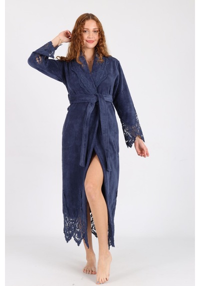 Dantelli Bambu Cotton Triga Bornoz Koyu Mavi