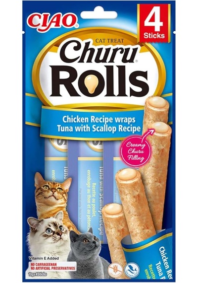 Inaba Churu Rolls Kedi Ödül Kurabiyeleri,%88 Nemli, Zindeliklı Atıştırmalıklar, Tavuk, Ton Balığı Ve Deniz Tar
