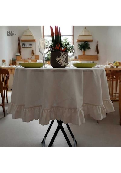 Dnc Home Tekstil  Ham Keten Krem Fırfırlı Yuvarlak Masa Örtüsü 001