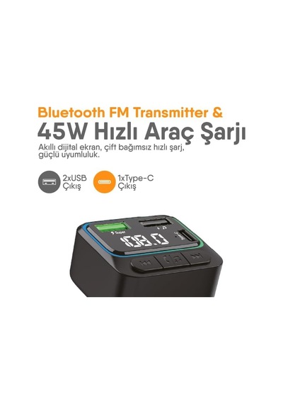 Tr 45w Turbo Şarjlı Bluetooth Fm Transmitter + Usb Flash Destekli