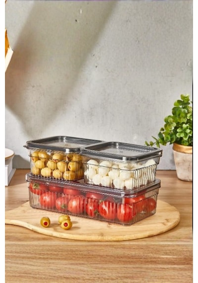 3'lü Saklama Kabı Seti - Buzdolabı Düzenleyici& Piknik Taşıma Kabı Seti 1,80lt X1 - 0,85lt X2 Şeffaf Gri