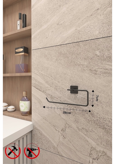 Alper Banyo Jasmin Siyah 3'Lü Yapışkanlı Banyo Seti Uzun Havluluk, Halka Havluluk Ve Solo Havluluk