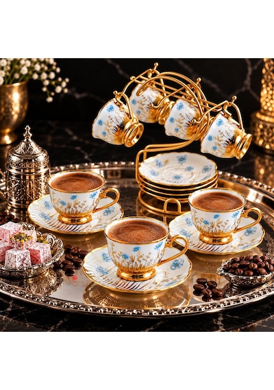 Valkyrie 6 Kişilik 13 Parça Türk Kahvesi Fincan Takımı Standlı 90 Ml Mavi Çiçek Gold Detaylı K655 Mavi