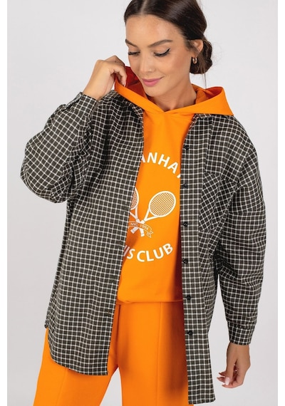 Armonika Kadın Haki Ekose Desen Oversize Gömlek Arm-22y001157