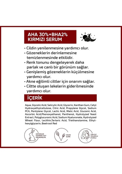 Cilt Yenileyici Cilt Tonu Eşitleyici Kırmızı Peeling Serum Aha %30 Bha %2 Ph % 3.5 Serum 30 Ml
