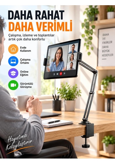 Tr 360 Döner Başlıklı Katlanabilir Ayarlanabilir Masa Kenarı Bağlantılı Metal Kollu Telefon Ve Tablet Tutucu S Genel