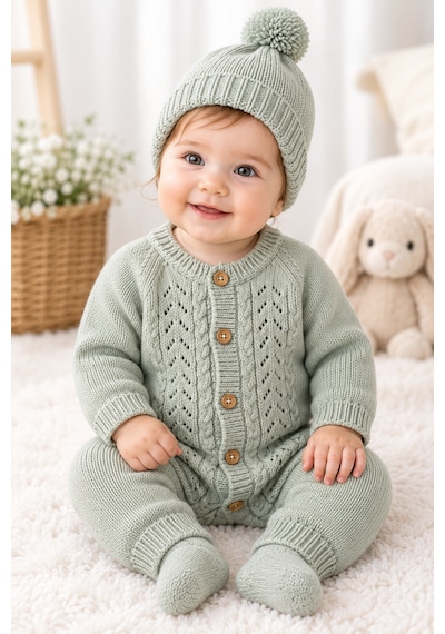 Babyhola Kız Bebek Triko Tulum Ve Bere Takımı 3005 Yeşil