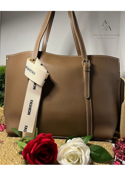 Amoura Kontrast Dikişli Ve Fashion Aksesuarlı Büyük Boy Tote Çanta Sıcak Kahve Taba