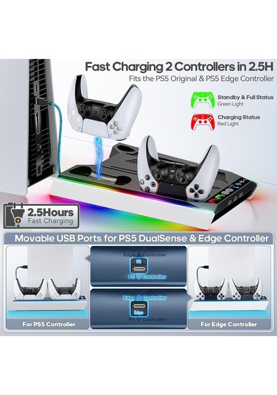 Ps5/slim/pro Stand, Otomatik Ayarlanabilir 3 Seviyeli Soğutma Fanı, 9 Rgb Işıklı Ps5 Soğutma İstasyonu Ve Çift