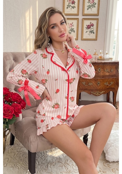 Bella Notte Pembe Romantik Gül Desenli Fiyonk Detaylı Şortlu Pijama Takımı