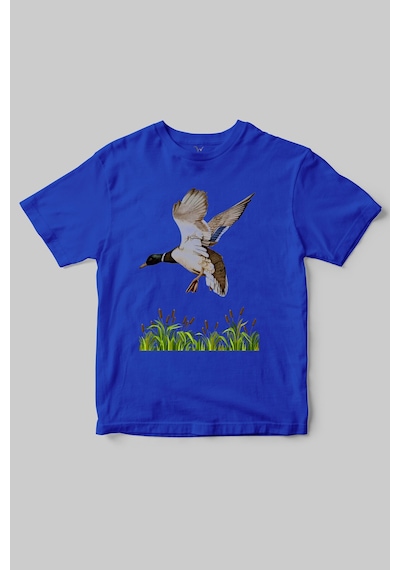 Özel Dağcılık Avcılık Tasarımlı Yeşilbaş Ve Doğa Temalı Regular Fit %100 Pamuk Mavi T-shirt Saks Mavi