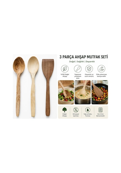 El Yapımı 3'lü Ahşap Mutfak Seti Zeytin Kaşık, Şimşir Kaşık Ve Ceviz Spatula 31 Cm Premium Doğal Ahş