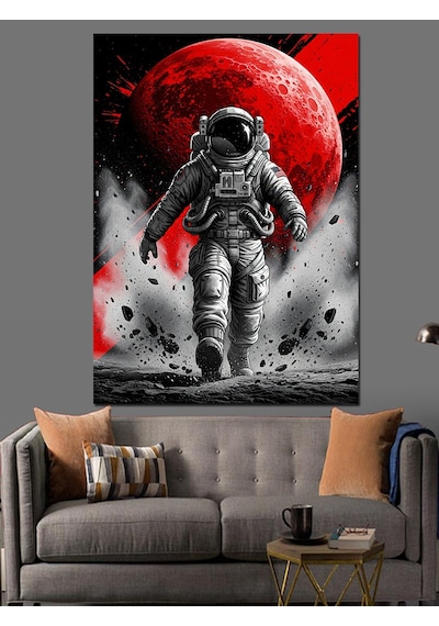 Kırmızı Ay Ve Astronot Dekoratif Kanvas - Mdf Ahşap Tablo