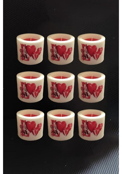 6 Cm Silindir Mum 9'lu Set Kalp Desenli Desenli Çok Renkli