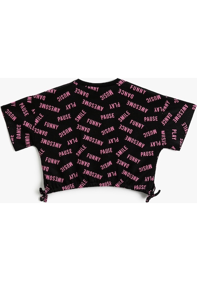Koton Crop Oversize Tişört Kısa Kollu Baskılı Yanları Fiyonk Detaylı Bisiklet Yaka Siyah Desenli 3skg10029ak 3SKG10029AK9D9 Siyah