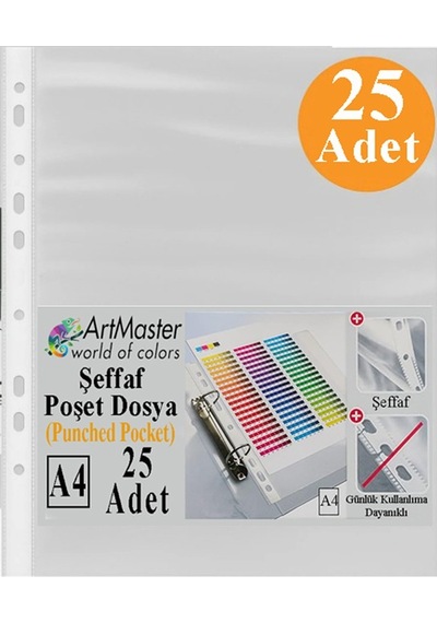 Poşet Dosya 25 Li A-4 Şeffaf Föy Dosya 1 Paket Artmaster Ofis Okul Kenarı Delikli Poşet Dosya 80 Sayfa Kapasiteli