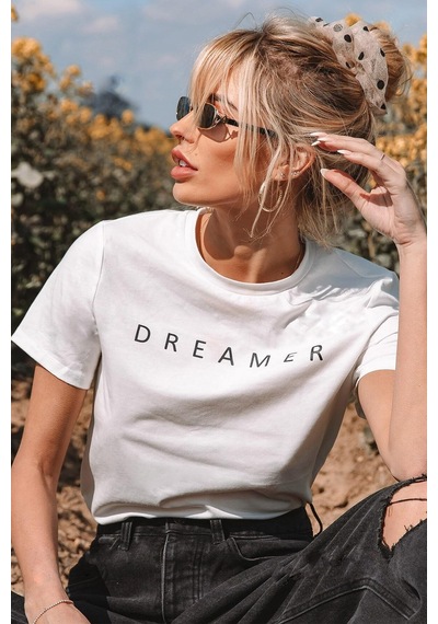 Unisex Dreamer Baskılı Oversize Tshirt Beyaz