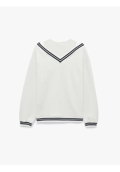 Koton Üç İplik Şardonlu V Yaka Biyeli Atlet Detaylı Uzun Kollu Sweatshirt Ekru 7wal10079ık