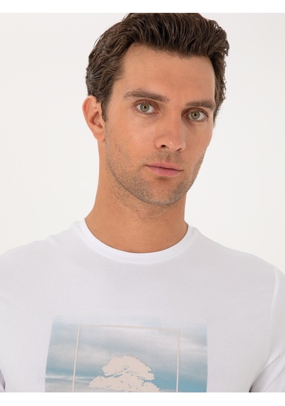 Beyaz Slim Fit Bisiklet Yaka Pamuk Karışımlı T-shirt
