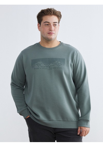 Lcwaıkıkı Classic Yeşil Büyük Beden Bisiklet Yaka Baskılı Erkek Kalın Sweatshirt