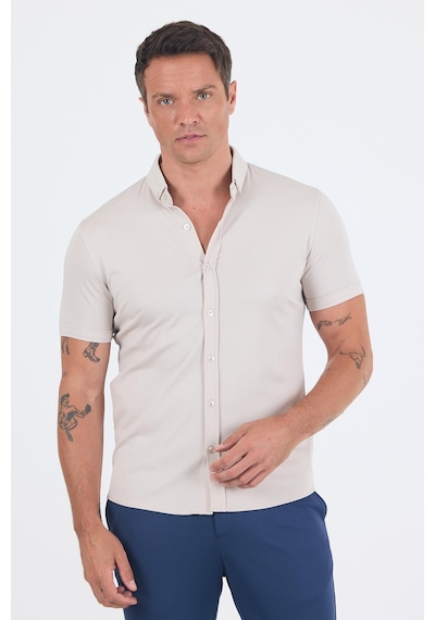 İmza Taş İtalyan Düğmeli Yaka Kısa Kol Cepsiz Slim Fit Gömlek 1004250255 Taş Rengi