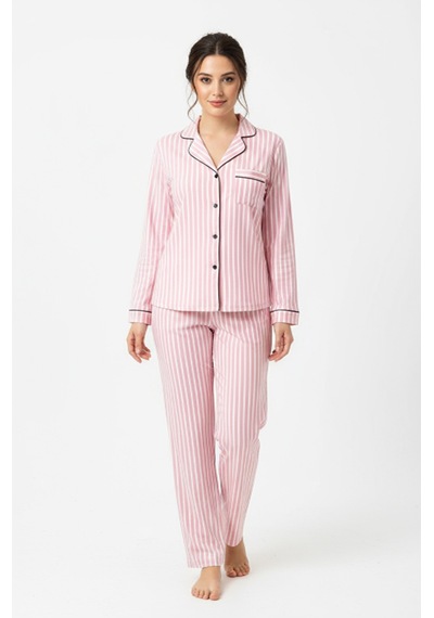 Luxury Soft Pembe Çizgili Uzun Kollu Kadın Pijama Takımı 3052 Pembe