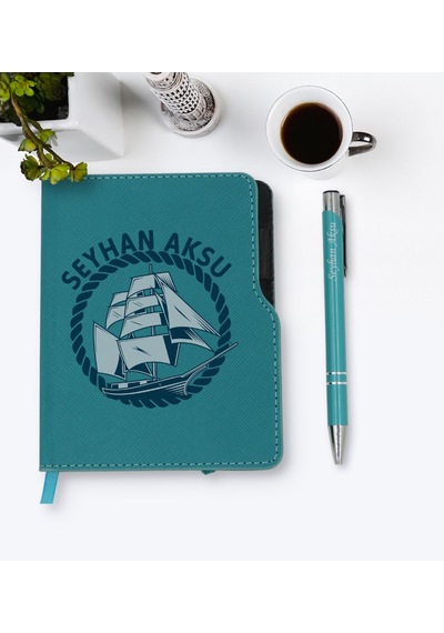 Kişiye Özel Gemi Tasarımlı Turkuaz Termo Deri Defter Kalem Seti-1