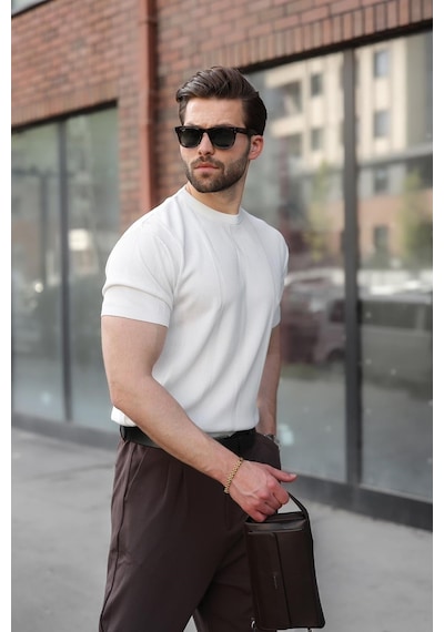 Madmext Beyaz Regular Fit Bisiklet Yaka Fitilli Triko Erkek Tişört E7490