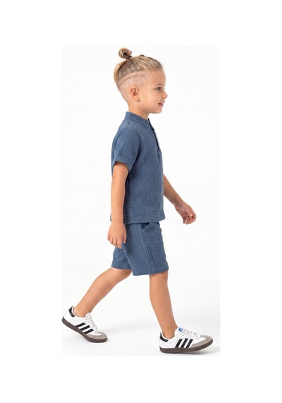 Mnk Baby & Kids Pamuklu Müslin Kumaş Yazlık Şortlu Kısa Kol Rahat Takım M00820 Indigo