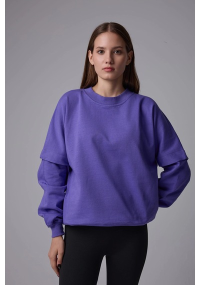 Defys Kadın Bisiklet Yaka Kol Detaylı Oversize Fit Basic Sweatshirt Mor - 598314741 Mor