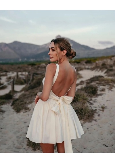 Fashion Cocktail Çan Etek Sırt Dekolte Fiyonklu Kolsuz Elbise Mezuniyet Düğün Beyaz