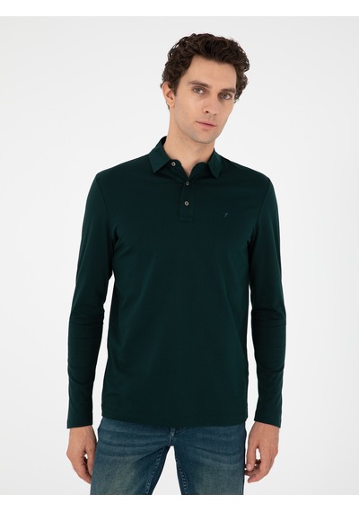 Zümrüt Regular Fit %100 Pamuk Polo Yaka Sweatshirt Yeşil