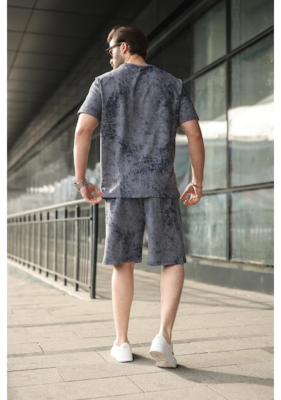 Madmext Lacivert Batik Desenli Overfit Şort T-shirt Takım E7357 Lacivert