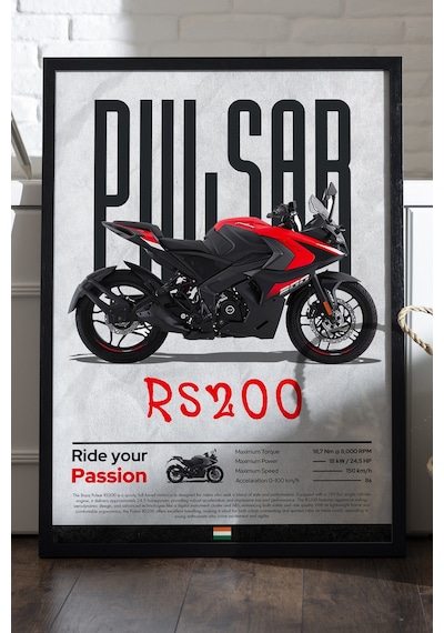 Bajaj Pulsar Rs 200 Siyah Ahşap Çerçeveli Poster, Dekoratif Motosiklet Duvar Tablosu