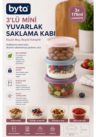 3'lü 175 Ml Mini Yuvarlak Saklama Kabı Seti Kapaklı Bpa Free Gıda Saklama Kabı Şeffaf