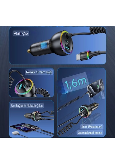 70w Yaylı Şarj Kablolu 3 Girişli Type-c Ve Usb Hızlı Ce Lisanslı