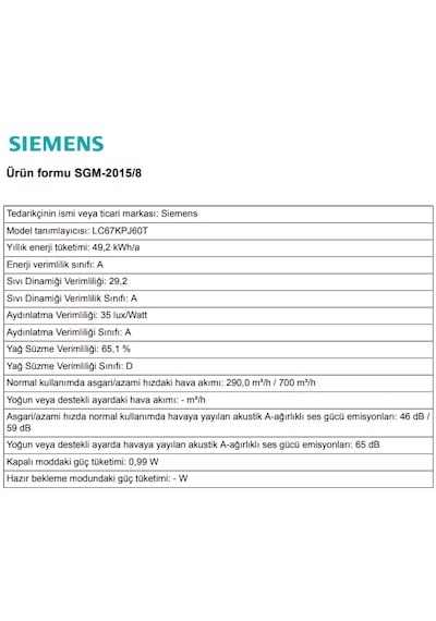 Siemens LC67KPJ60T Duvar Tipi Davlumbaz 60 CM